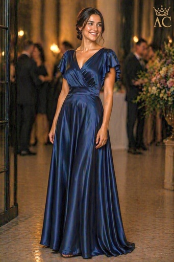 [202268] Robe de cocktail longue Tijn à manches volantées, encolure en V croisée et jupe évasée, en satin épais