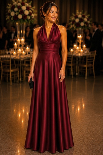 [202270] Robe de cocktail longue en satin, à nouer, col licou, dos nu, jupe évasée