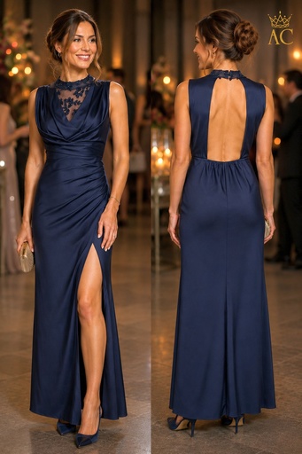[202271] Robe de soirée Tessa en satin, col drapé, paillettes, chemisier en dentelle, dos nu, fente à la cuisse