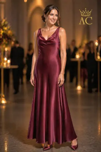 [202274] Robe de cocktail longue Timo, col drapé à l'arrière, jupe cloche, en satin épais