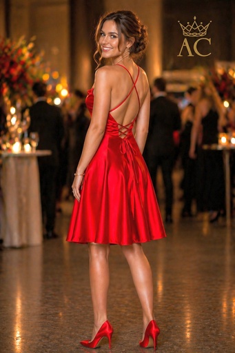 [202277] Robe de cocktail Tristan à bretelles spaghetti, dos nu et ruban croisé 