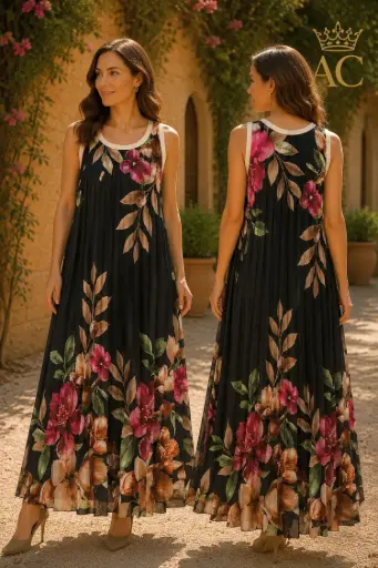 [202279] Robe longue Orpheus à fleurs, en satin plissé, avec bordures en tricot doré