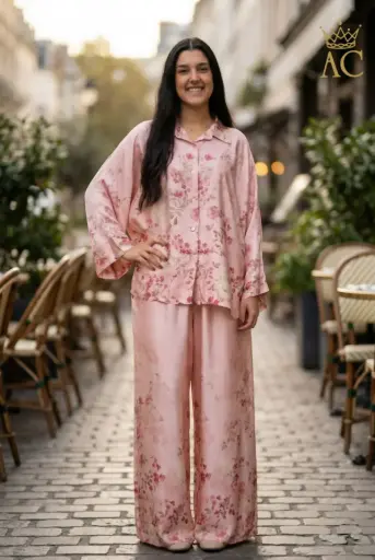 [202287] Pantalon en satin Senn nm100 à motif floral, coupe large