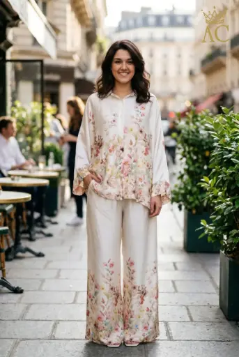 [202288] Tunique à motif floral sur le bas, boutonnée sur toute la longueur, manches larges
