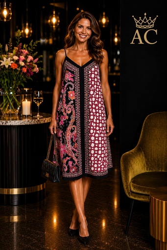 [202339] Tasnim Dress: Cashmere Flower Patch, Checkered, Striped, A-Line, V-Neck, Delicate Straps