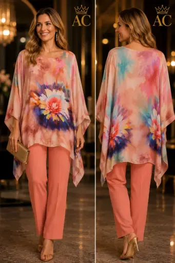 [202355] Phylicia nm98 silk tunic with a tie, featuring a soft floral print, a pointed hem, and an undershirt