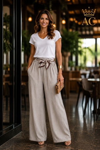 [202388] Pantalon Petter nm87, ruban de serrage en satin, coupe droite, taille élastiquée