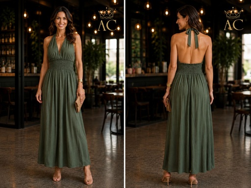[202393] Penny Halter Dress, tied at the neck, with smocked detail under the bust and padded cups