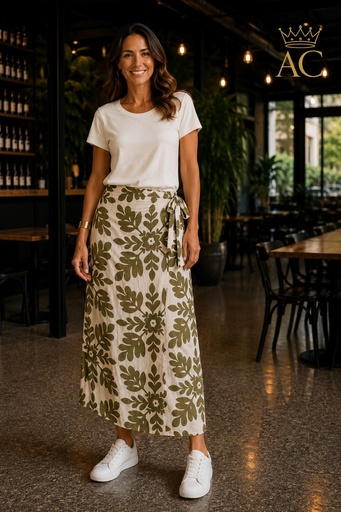 [202396] Parmis nm87 Wrap Skirt with Graphic Leaf Print and Buttoned Sash