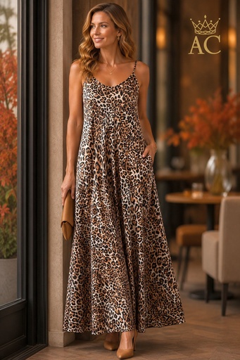 [202403] Vajèn Satin Long Dress with Cheetah Print, Spaghetti Straps, Extra-Wide A-Line
