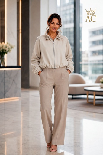 [202417] Tyrone bomber jacket in eco-suede with a gathered stand-up collar, side pockets, puffed sleeves, and a lined interior.