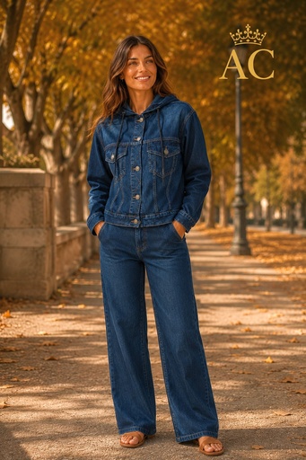 [202430] Veste en denim Vieve, capuche, cordon de serrage, 2 poches poitrine, boutons métalliques