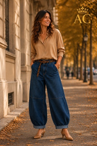 [202432] Vanessa Balloon-Leg Jeans with Turn-Up Hem, Leopard-Print Belt, and Inner Knee Seam