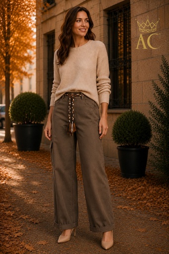 [202441] Pantalon en denim Tjitske nm98, coupe ballon, ceinture tressée, couture centrale ascendante au niveau de la poche, en coton épais