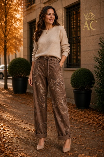 [202442] pantalon Tyra nm98 à fleurs, coupe « moms fit », fine ceinture en cuir écologique avec clous, 5 poches