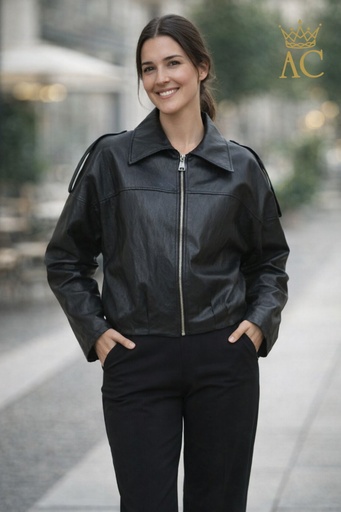 [202471] Blouson bomber Prosper nm55 en cuir écologique à plis élastiques