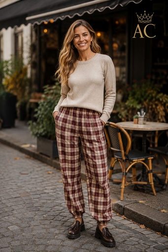 [202501] Pantalon Paisley nm30 à ourlet bouffant, en tulle extensible à carreaux