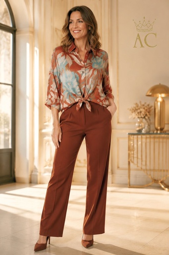 [202530] Blouse Vie nm85 XL bloemprint tencel kraag en doorgeknoopt 