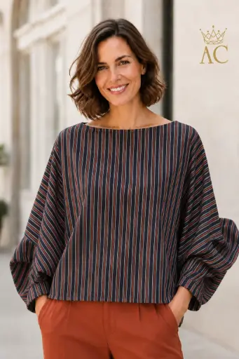 [202541] Blouse Shannon à rayures verticales, manches chauve-souris et encolure ouverte