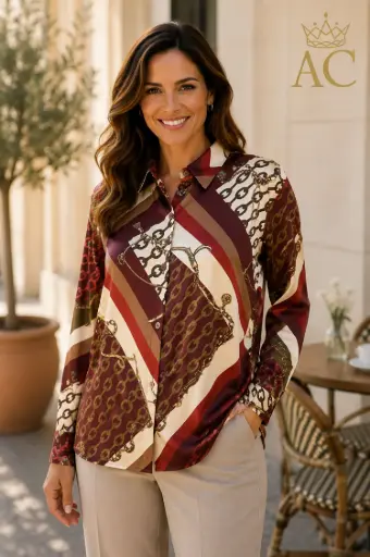 [202566] Blouse Selah kettingprint zijde-look polokraag doorgeknoopt
