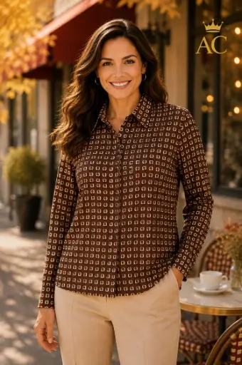 [202570] Blouse Seger nm20 afgeronde vierkantjesprint viscose jersey doorgeknoopt polokraag plussize