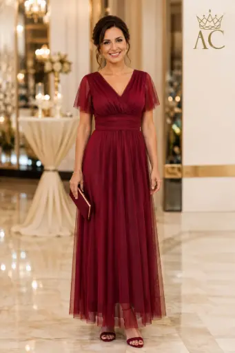 [202582] Taco Tule long dress, crossed V-neck, V-neck in the back, batwing sleeves, gathered waistband, tie closure, lined