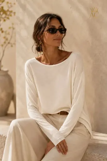[202630] T-shirt Thir nm95 à col rond, en cachemire et viscose, très doux au toucher