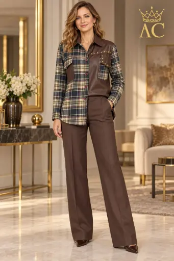 [202668] Blouse Veer nm20 madras linkerkant eco leer kraag borstzak en doorgeknoopt