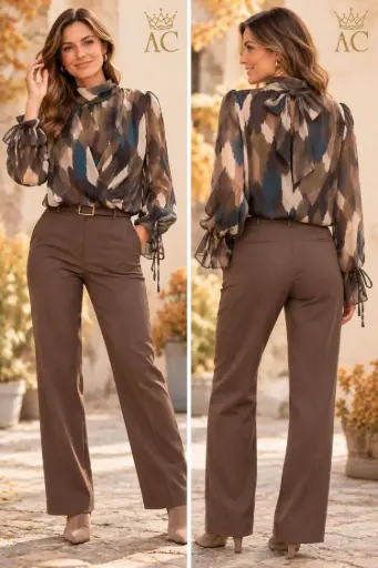 [202681] Blouse Teis zigzag print diepe V-drapage gepofte zoom opstaande kraag sjaal op rug volant mouw