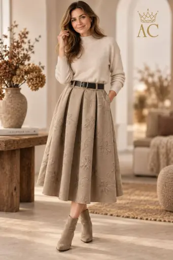 [202684] Rok Tania ecosuède springplooien geborduurde bloemen  ecoleren riem