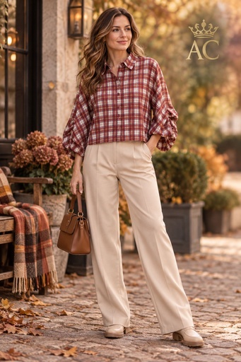 [202690] Tatjana Blouse nm100 Madras 4-color puff sleeves, collar, button closure
