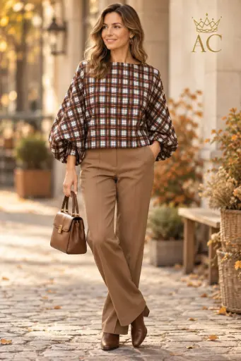 [202691] Blouse Tahnee nm100 madras 4 couleurs, col ouvert, manches chauve-souris