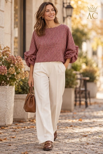 [202692] Tonny Blouse nm100, Vichy check, batwing sleeves, open neckline, puff sleeves