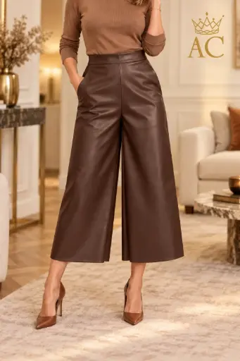 [202715] Pantalon large 7/8 Stacy en simili cuir, jambes larges 7/8, poches latérales