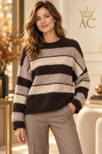 [202721] Pull Safwan en laine NM5, rayé, duveteux, col rond