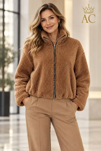 [202725] Veste Violette en peluche unie, col et fermeture éclair