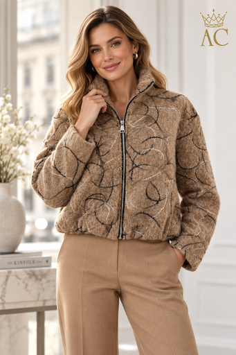 [202733] Veste Qwin avec empiècements, laine, ourlet bouffant et fermeture éclair