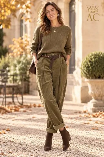 [202751] Pantalon Tobin nm98 en velours fin, coupe carotte, poches latérales horizontales, ceinture en cuir écologique