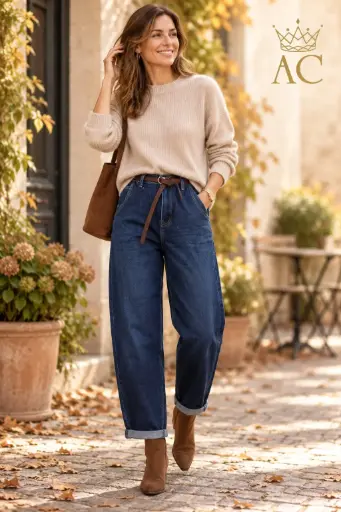 [202753] Pantalon en jean Tessy nm98, 5 poches, coupe carotte, avec une fine ceinture en cuir écologique