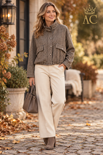[202756] Tjez Blouson: madras print, puffed hem, slanted side pockets, decorative flap, stand-up collar, zipper, lined