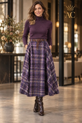 [202769] Veste à capuche Pimme nm35, en flanelle à carreaux écossais, avec ceinture tressée en cuir écologique et poches en biais