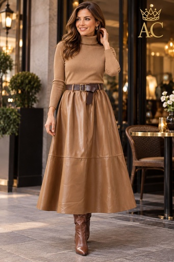 [202774] Jupe 7/8 en cuir, ceinture en cuir, coupe trapèze, coutures horizontales et verticales