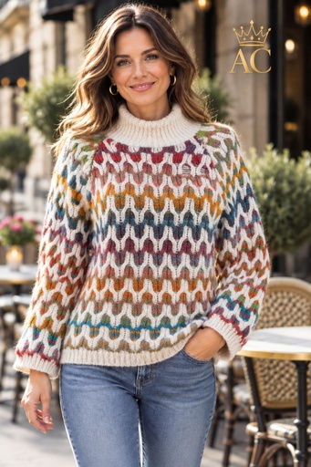 [202782] Trui Panna nm46 opstaande ribkraag grofgebreid ingebreide jacquard