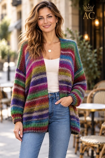 [202785] Cardigan Prins, taille 47, fil lurex, jacquard multicolore à rayures horizontales