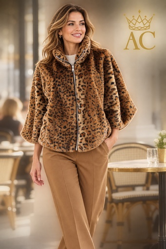 [202790] Veste Vicenzo en imitation fourrure de léopard, col montant, fermeture éclair, manches courtes, poches latérales