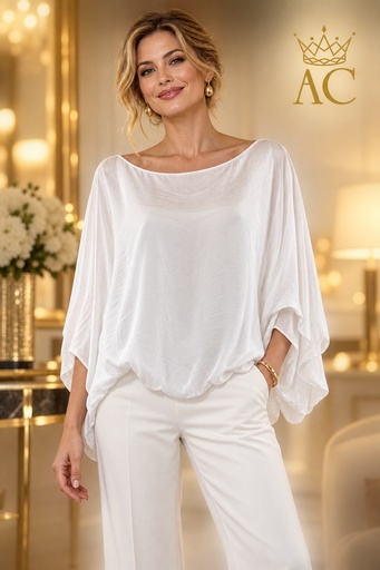 [202796] Blouse Voss nm30 zijde vleermuismouw gepofte zoom open hals