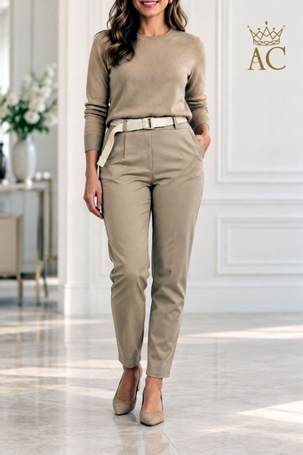 [202812] Pantalon Vingino nm66 en bengaline stretch, coupe « mom's fit », poches en biais, ceinture tressée en cuir écologique 