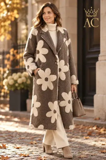[202817] Taner nm25 Long Coat, Woven Floral Pattern, Side Pockets, Lapel Collar