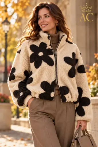 [202818] Thuur Blouson: large, raised woven floral pattern, stand-up collar, zipper closure, lined