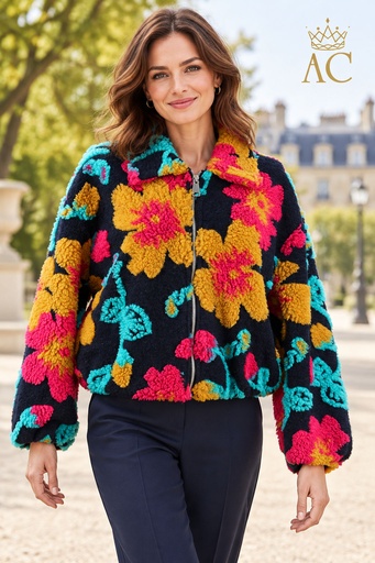 [202961] Teddy jacket Vallery oplegbloemen en takken kraag en rits